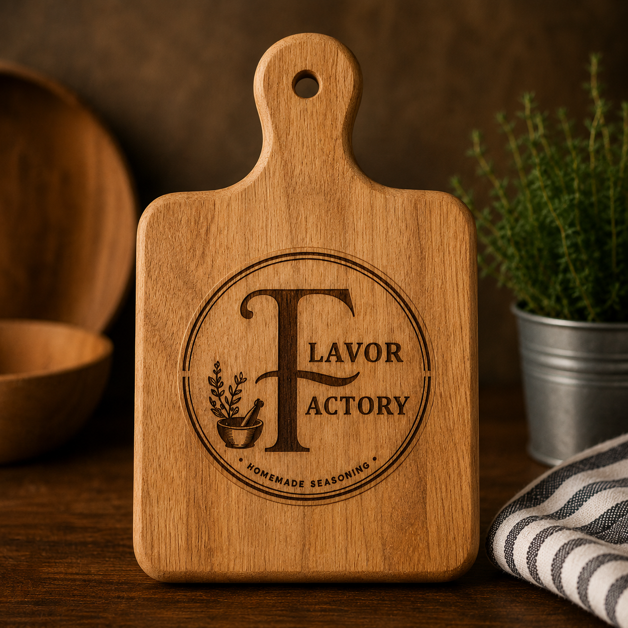 Wooden cutting board engraved with the Flavor Factory logo
