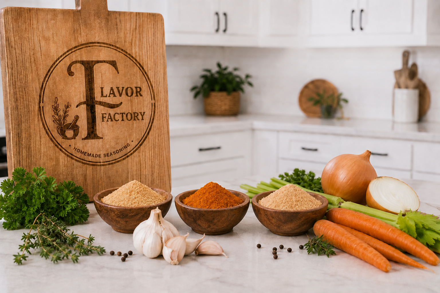 Flavor Factory seasonings arranged with herbs, onions, garlic, and vegetables in a clean kitchen