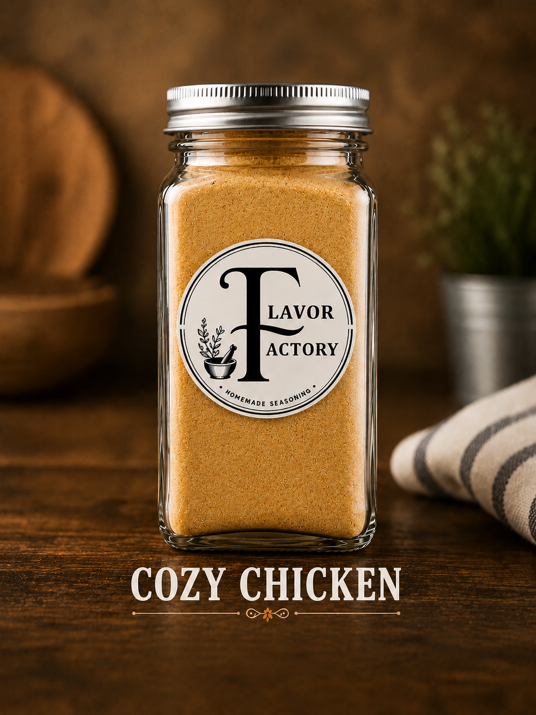 Flavor Factory Cozy Chicken seasoning jar on a warm wood tabletop
